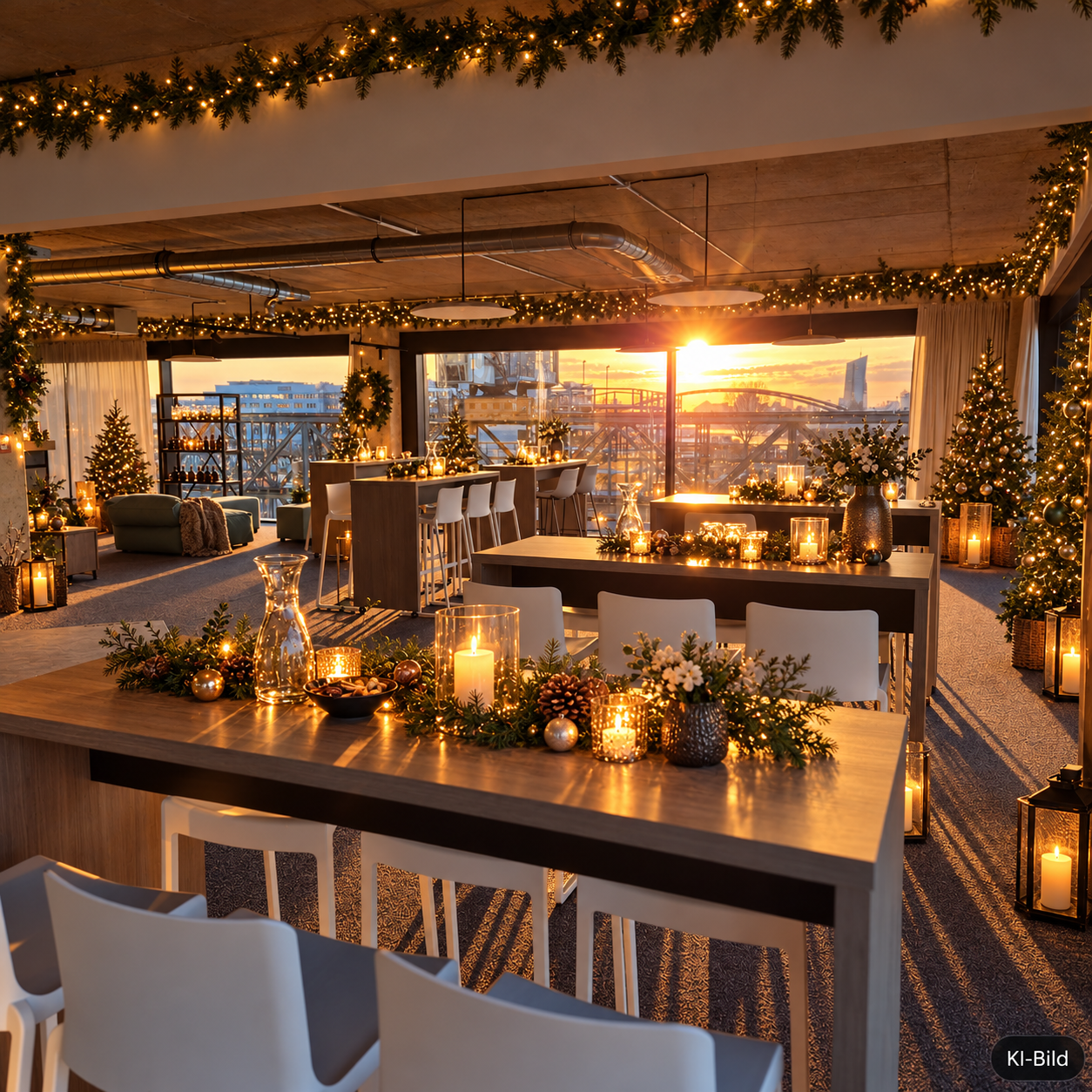 Visualisierung: weihnachtlich gedeckte Tische mit Kerzenlicht und Tannengrün im Circle Cube, dahinter die Frankfurter Skyline und der Main im Sonnenuntergang