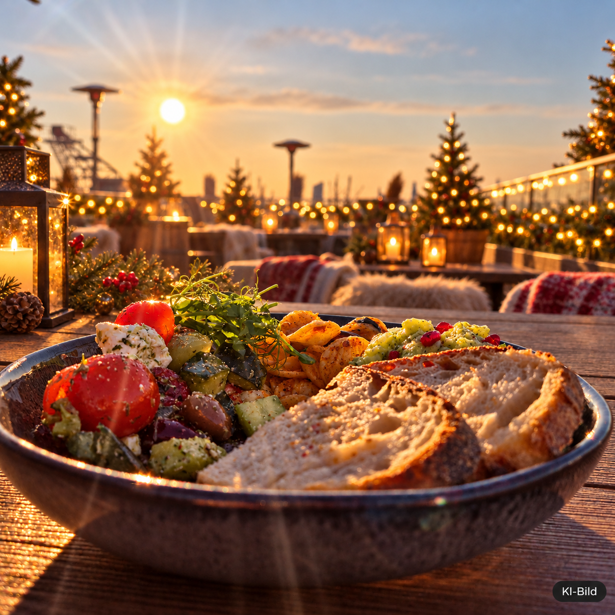 Gedeckter Tisch mit warmer Speise, Salat und Brot auf der Dachterrasse des Circle Cube im Sonnenuntergang, dahinter geschmückte Tannenbäume und Kerzenlicht