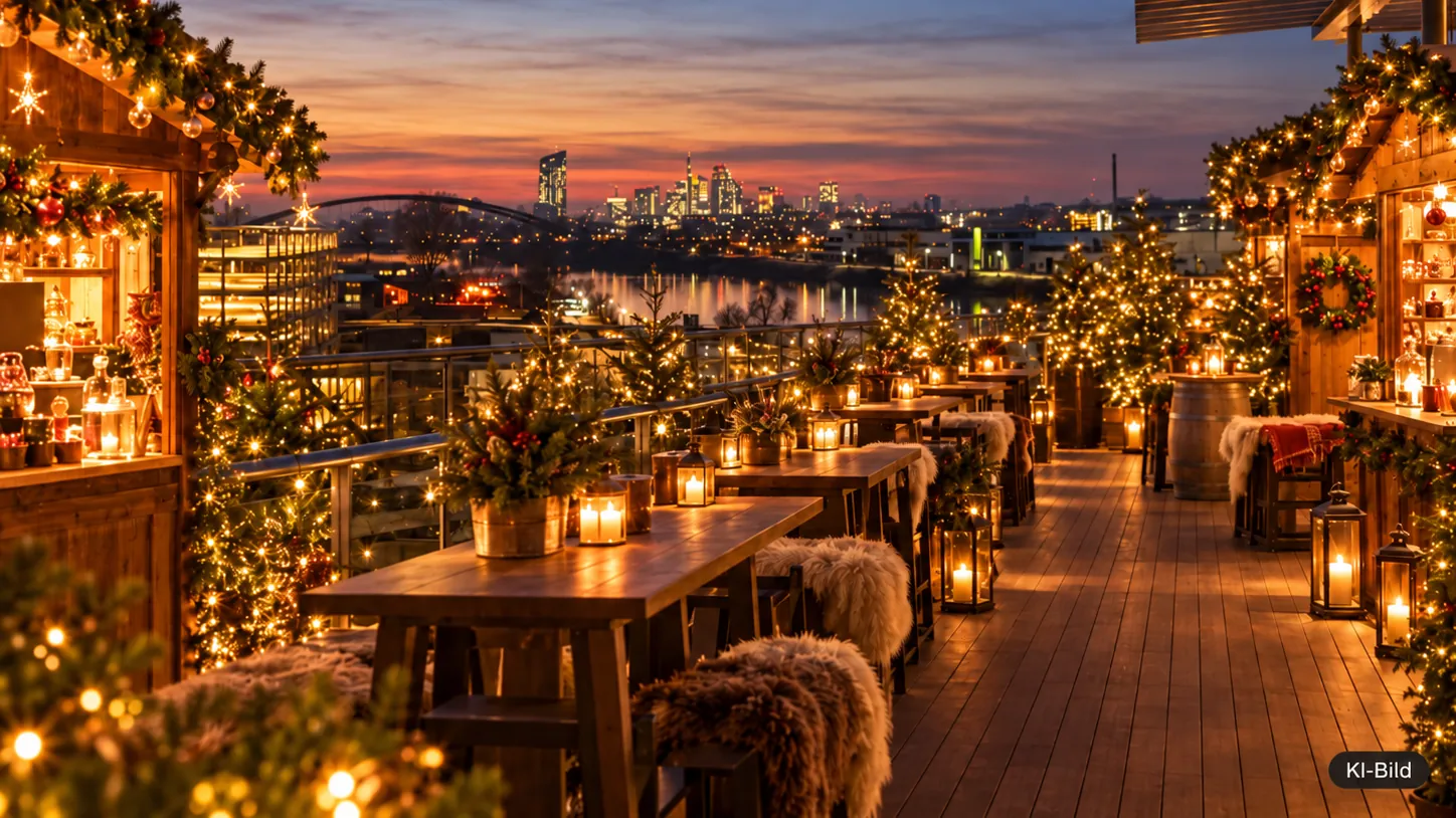 Visualisierung: festlich beleuchtete Dachterrasse mit Holzhütten, Tannenbäumen und Skyline-Blick in der Dämmerung
