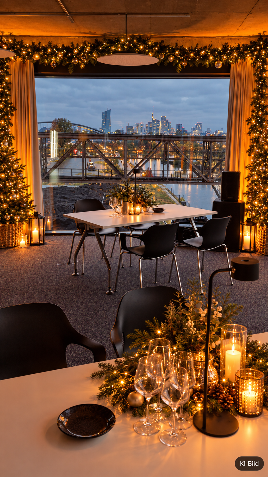 Visualisierung: festlich gedeckter Tisch mit Kerzen, Tannengrün und Gläsern im Circle Cube, dahinter die beleuchtete Frankfurter Skyline und die Brücke in der Dämmerung